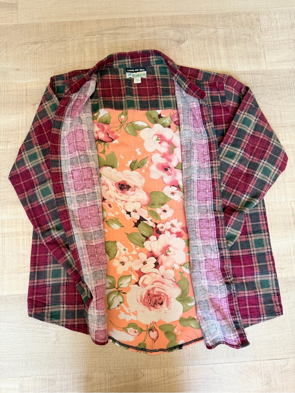 Haband Red and Green Plaid Jean-Style Jacket with Floral Lining